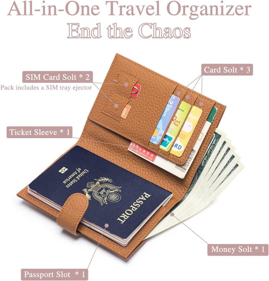 Leather RFID Passport Holder for Travel – Slim Passport Wallet for Women & Men with Card Slots, Zippered Coin Pocket, SIM Slot – Cash Slot Compact Travel Wallet with Gift Box (Brown)