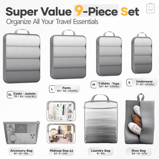 Veken 9/11 Set Compression Packing Cubes for Travel Essentials,Compressible Expandable Large Luggage Suitcase Organizer Bags for Clothing,Durable Space Saver Storage Bags with Toiletry Bags(Gray)