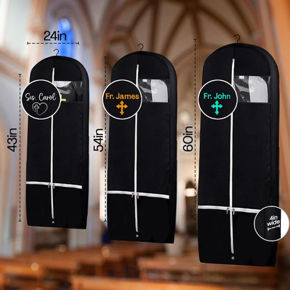 Personalized Garment bag for Hanging Clothes - Embroidered Name Garment Holder With 2 Mesh Pockets for Priest and Nun Robes - Ideal for Clergy Outfits, Uniform Cover Bag with Carry Handle - Black