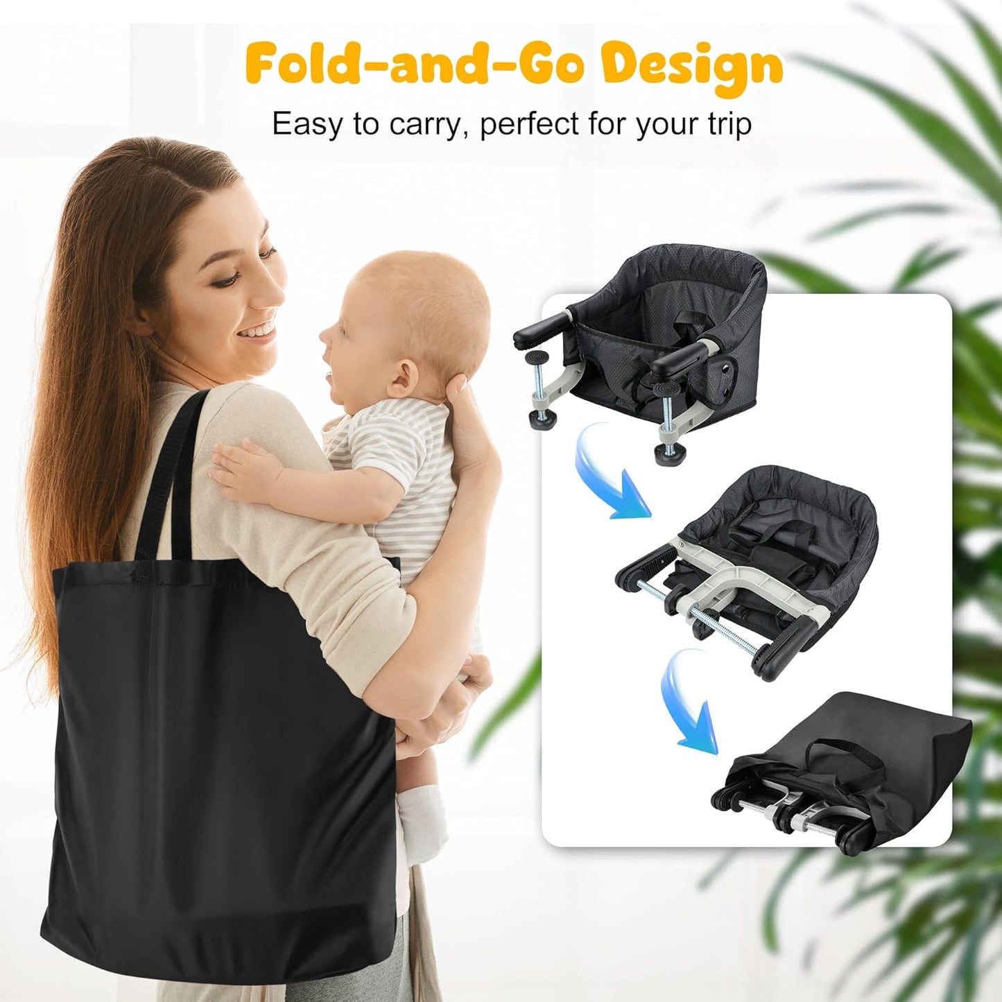 Hook On Chair, Safe and High Load Design, Fold-Flat Storage and Tight Fixing Clip on Table High Chair, Removable Seat Cushion, Attach to Fast Table Chair (Black)