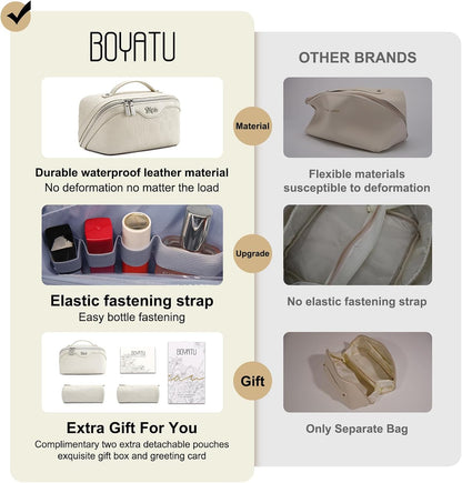 BOYATU Travel Makeup Bag for Women: Cosmetic Organizer Bag with Compartments - Leather Make up Bags Set of 3 (White)