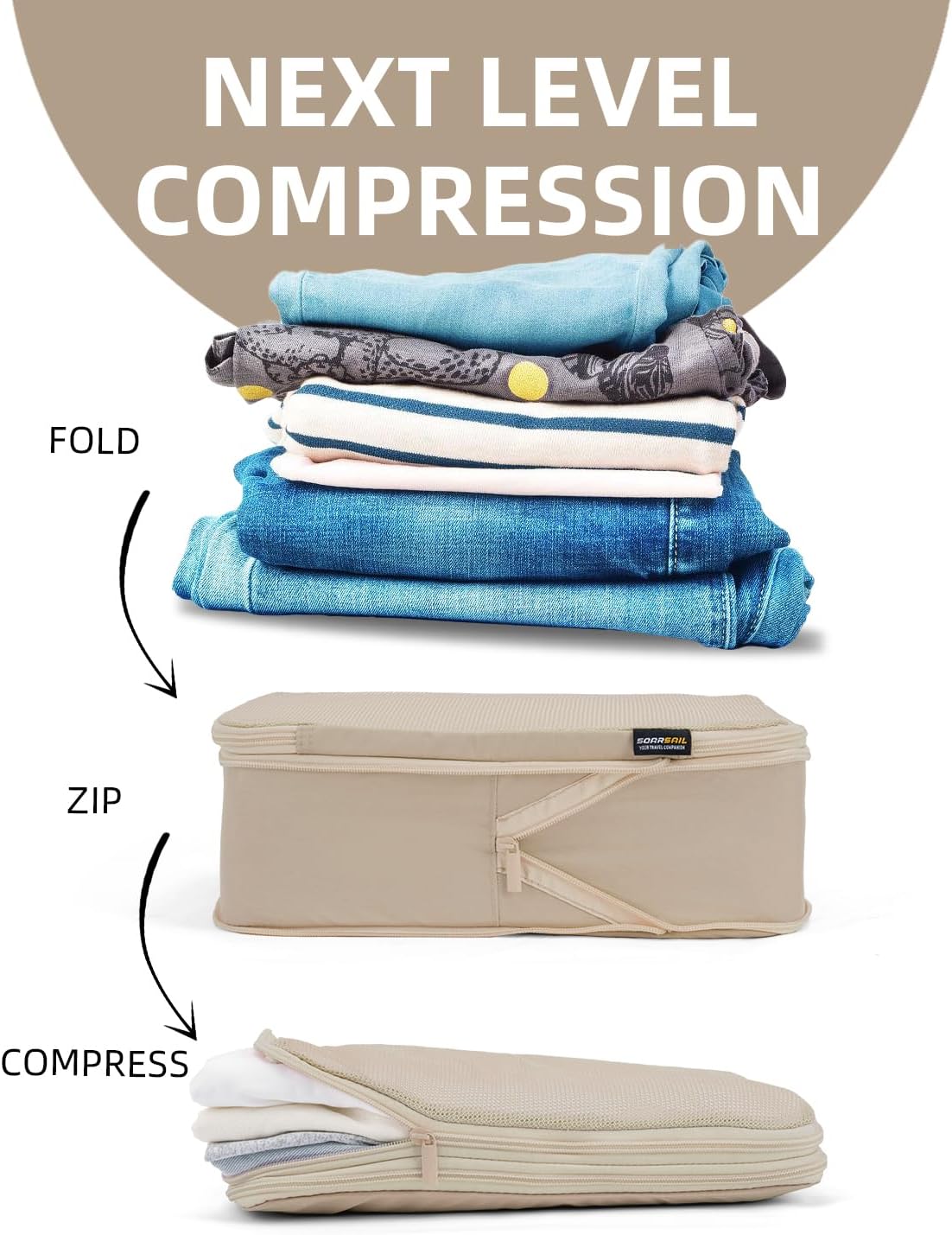 6 Set Compression Packing Cubes for Travel, Large Medium Small Luggage Organizers, Storage Bags for Clothes (6 Pack, Classic Khaki)