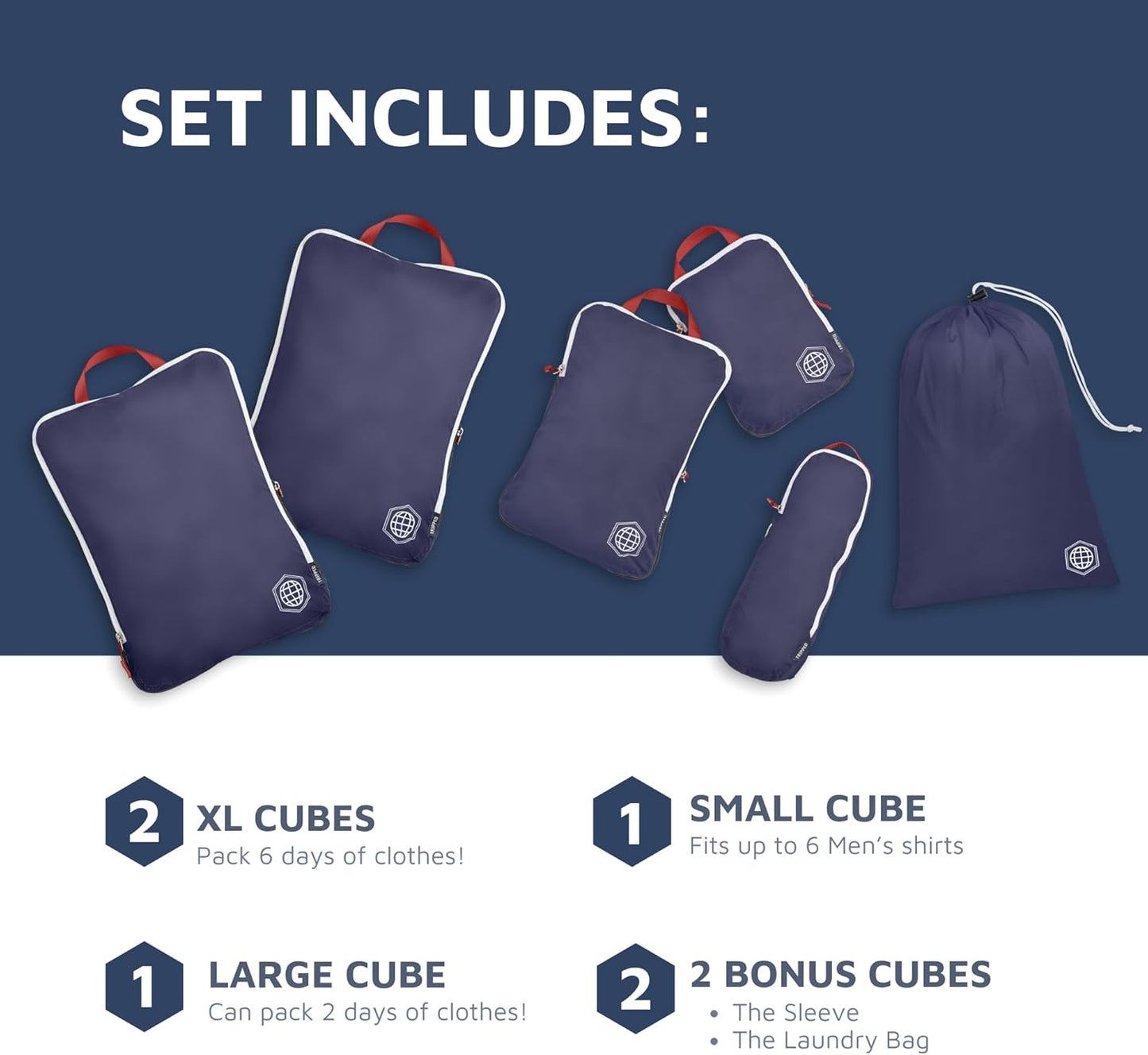 Large Compression Packing Cubes 6 Piece Set for Travel with Lightweight Laundry Bag for Carry-On Suitcase by TRIPPED Travel Gear (Navy)