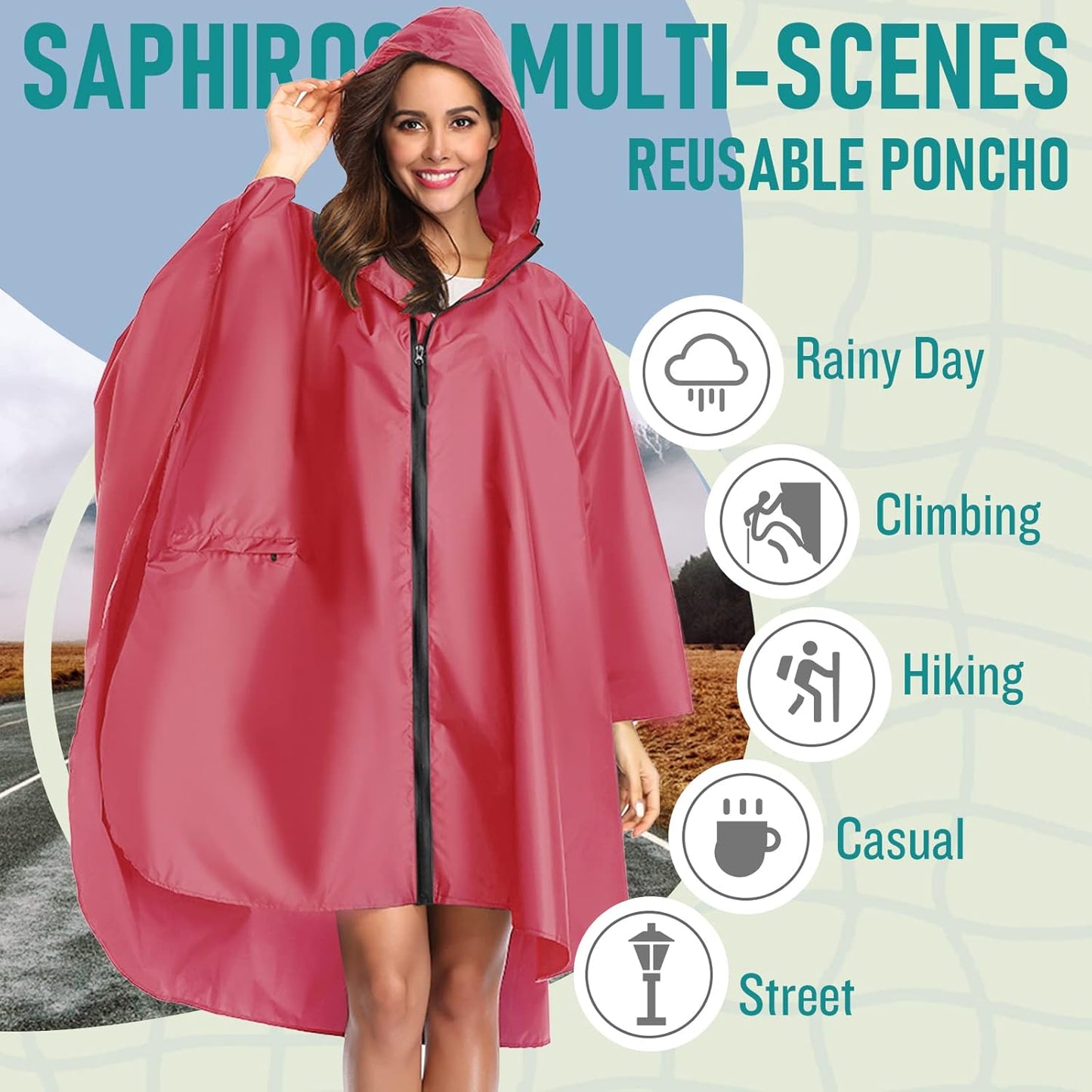 SaphiRose Unisex Rain Poncho Raincoat Hooded for Adults Women with Pockets