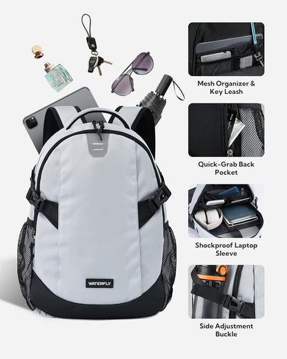 WATERFLY Small Casual Travel Backpack: 20L for Men Women Work Commuter Everyday EDC Daypack Hiking Gym Sport Workout Grey