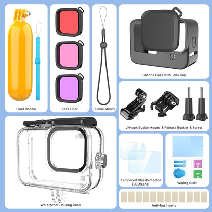 HONGDAK Waterproof Housing Case Accessories Kit 16in1 for Gopro Hero 12 11 10 9 Black,196FT/60M Underwater Protective Housing Dive Kit with Float Handle Sleeve Lens Cap Filters Anti-Fog Inserts