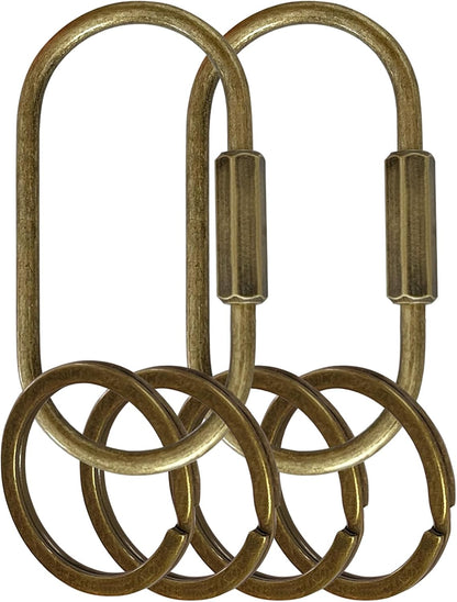 Key Chain, Brass Key Rings 2 Pack Screw Lock Key Organizer with 4 Rings Carabiner Keychain Clip for Men and Women