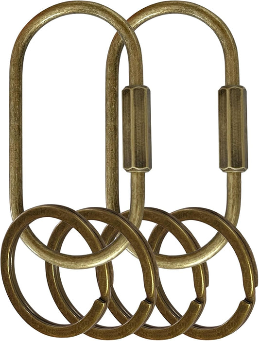 Key Chain, Brass Key Rings 2 Pack Screw Lock Key Organizer with 4 Rings Carabiner Keychain Clip for Men and Women