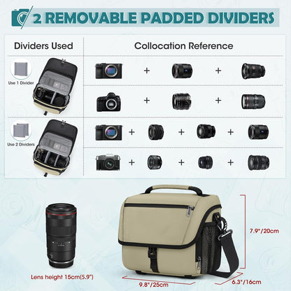 RAINSMORE Camera Bag, DSLR/SLR/Mirrorless Camera Case with Tripod Holder Waterproof Camera Sling Bag Crossbody Camera Bags for Photographers with Rain Cover for Canon/Nikon/Sony/Fuji, Khaki