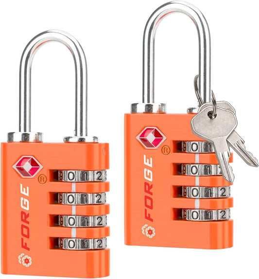 Forge Dual-Opening: Key or Combination Access Lock, TSA Approved Locks for Luggage, Pelican case, Travel, Gym, School, Stainless Steel Shackle.(Orange, 2 Pk)