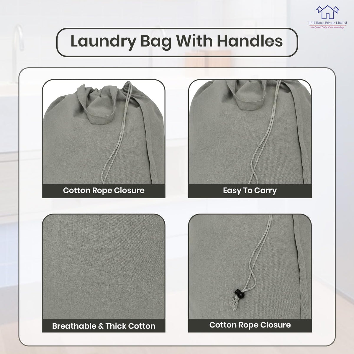 LFH Home Cotton Canvas Large Laundry Bag with Handle, Heavy Duty Drawstring Closure Washable Laundry Bags, School Travel, Home, Hotel, College Dorm, Organizer Sack, Toys 20x30-Grey, Thanks Giving