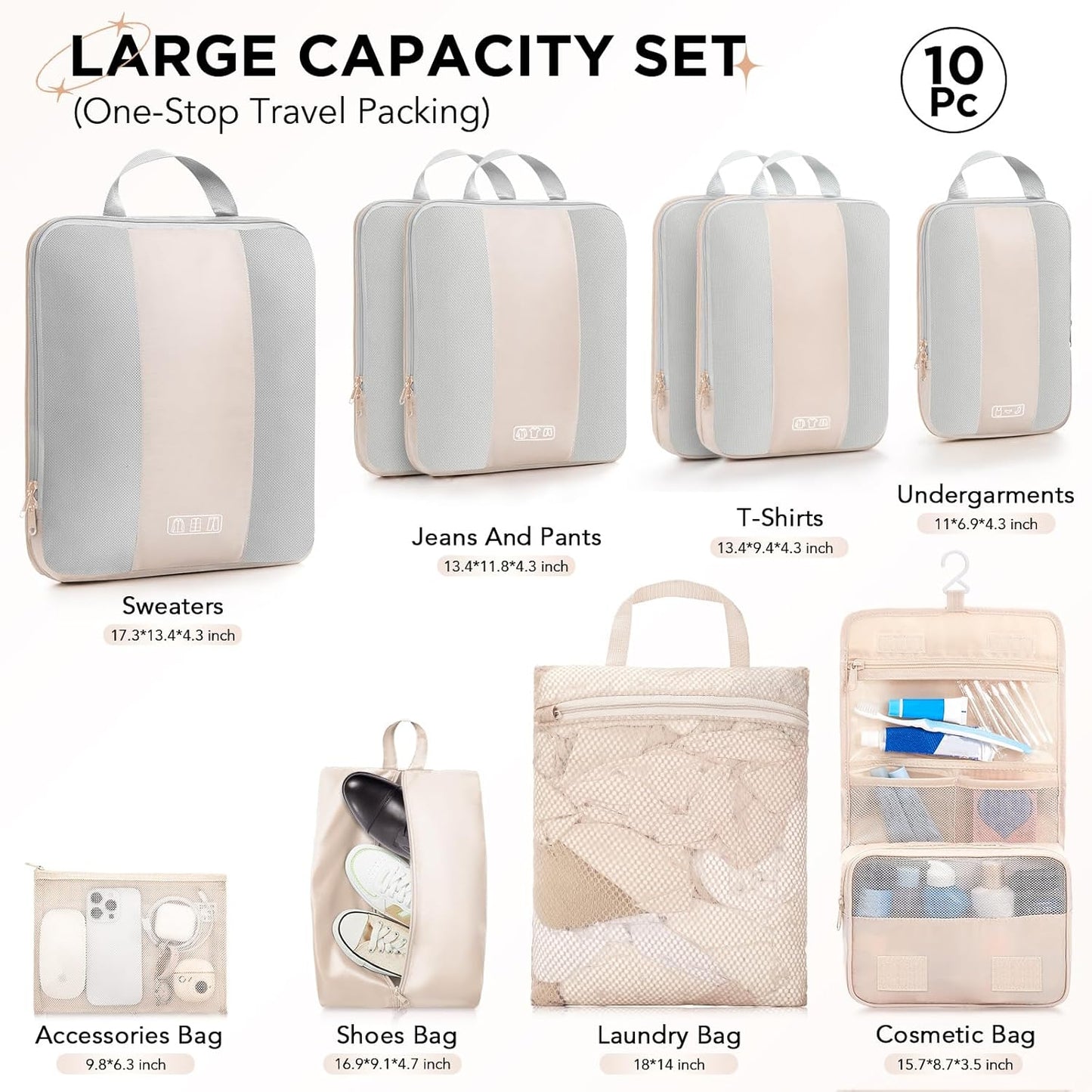 10 Set Compression Packing Cubes for Travel Women Mom,OlarHike Luggage Clothes Storage Gifts for Travelers,Airplane/Cruise/Car/Train Travel Essentials,Compressible Expandable Saver Space Bags(Beige)