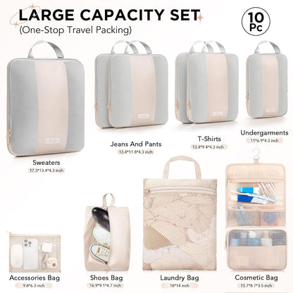 10 Set Compression Packing Cubes for Travel Women Mom,OlarHike Luggage Clothes Storage Gifts for Travelers,Airplane/Cruise/Car/Train Travel Essentials,Compressible Expandable Saver Space Bags(Beige)