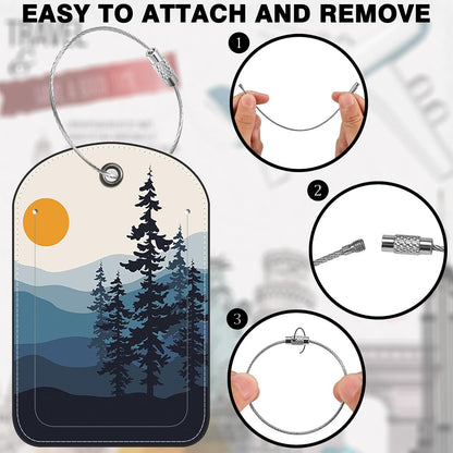 2 Pack Luggage Tag for Suitcase Sun Mountains Tree River Landscape Leather Suitcase Tags with Privacy Name ID Label and Stainless Steel Loop for Travel Bag