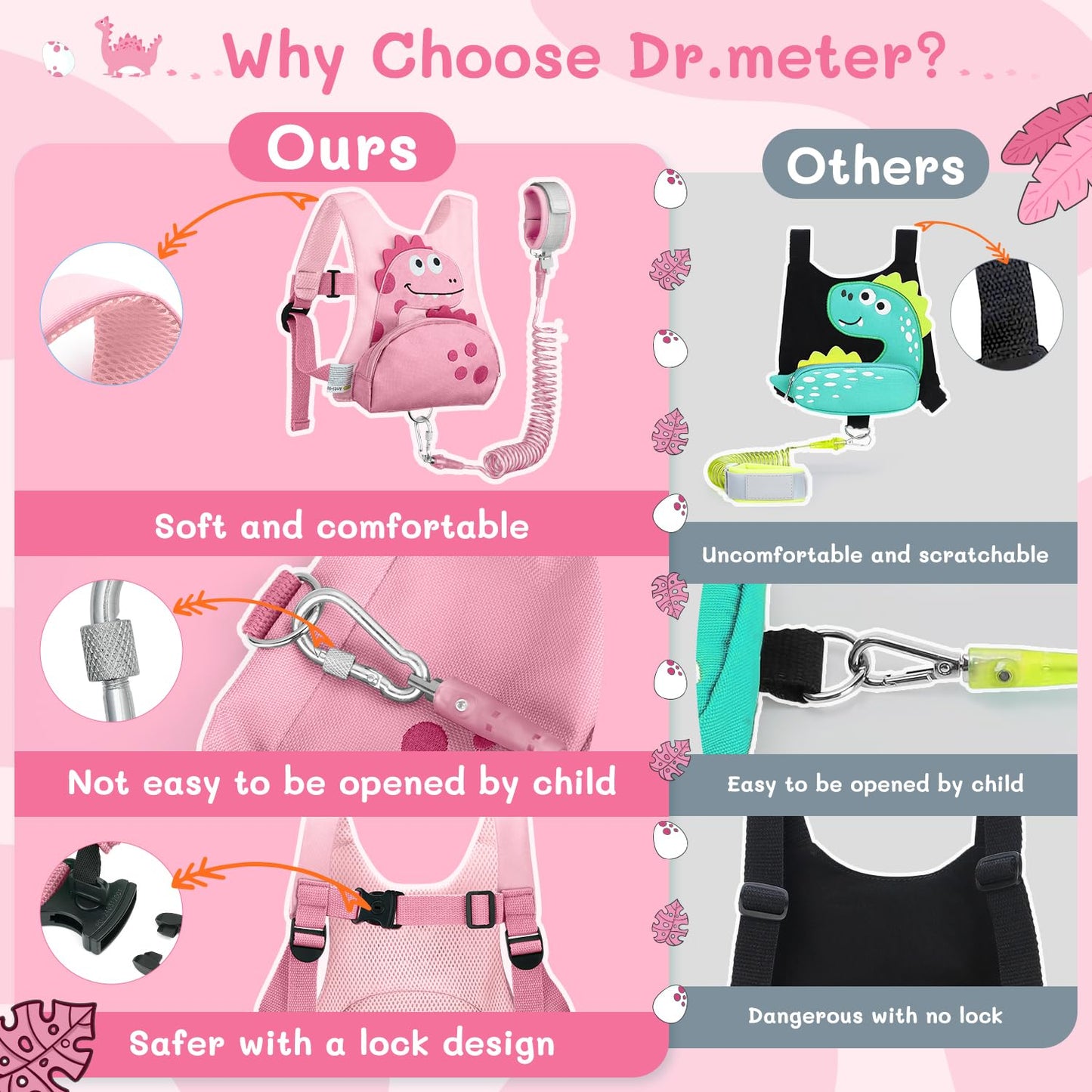 Dr.meter 3 in 1 Toddler Harness Leash + 8.2ft Anti Lost Wrist Link, Cute Dinosaur Kids Anti Lost Leash with Key Lock, Child Walking Harness for Parent Boys Girls Keep Kids Close, Travel Essensials