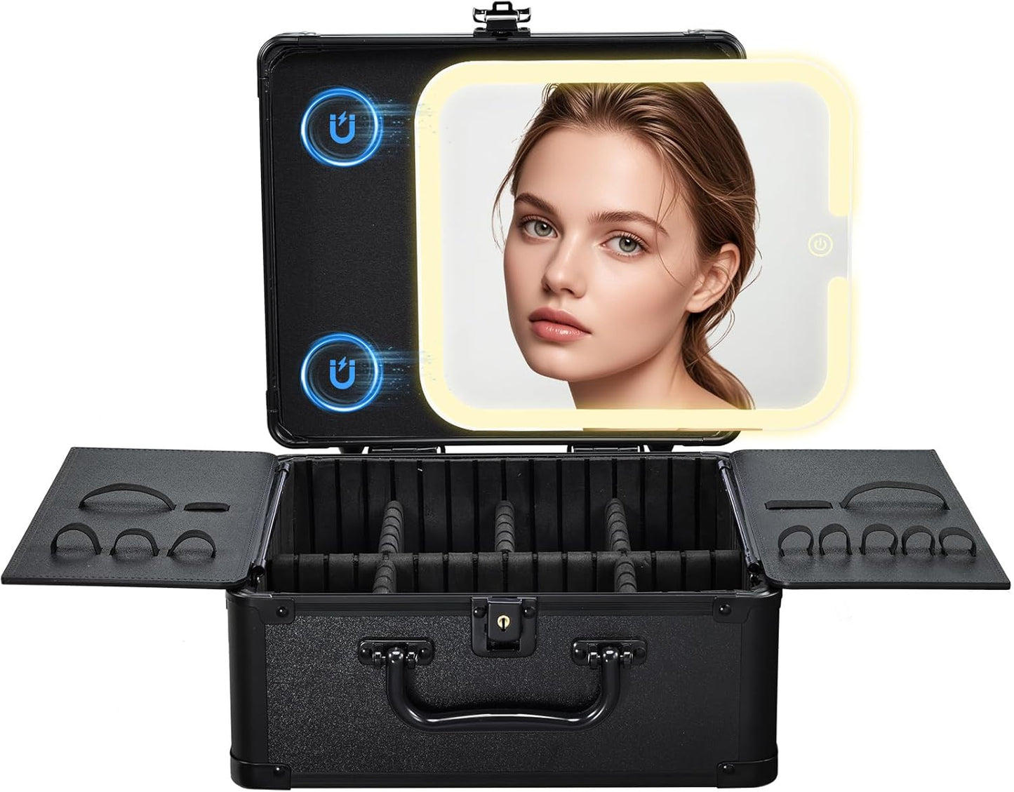 Makeup Case with Magnetic Lighted Mirror Makeup Organizer Box Travel Cosmetic Case with 3 Colors LED Mirror Portable Vanity Make up Suitcase with Lockable Keys Dividers Brush Holder, Black