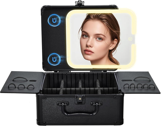 Makeup Case with Magnetic Lighted Mirror Makeup Organizer Box Travel Cosmetic Case with 3 Colors LED Mirror Portable Vanity Make up Suitcase with Lockable Keys Dividers Brush Holder, Black