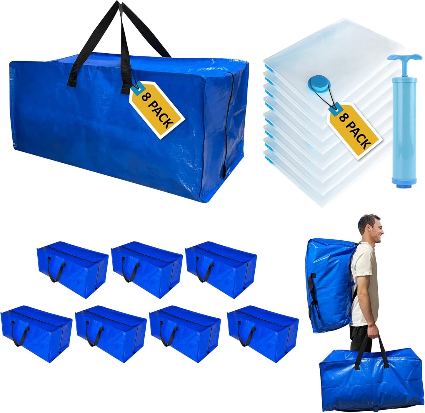 16 Pack Heavy Duty Extra Large Moving Bags with Backpack Straps & Large Vacuum Storage Bags Moving Supply Combo, Moving Totes with Handles & Zippers for Space Saving, Fold Flat, Includes Vacuum Bags
