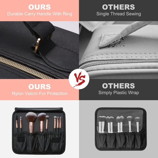 Mocado Travel Makeup Bag with LED Lighted Mirror,Travel Makeup Organizer,Makeup Case with 8 Makeup Brushes and 10x Magnifying Mirror,3 Colors Lighting, Adjustable Dividers Makeup Box(Black)