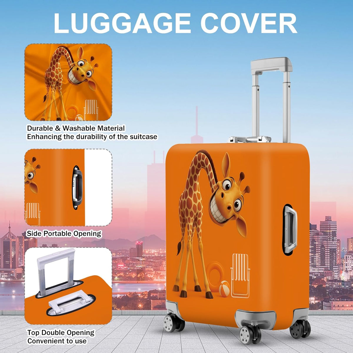 ANNA QUEEN Giraffe Fun Luggage Cover, Playful Giraffe Design with Beach Ball and Chair, Stretchable, Washable Travel Sleeve for 32-34 Inch Luggage