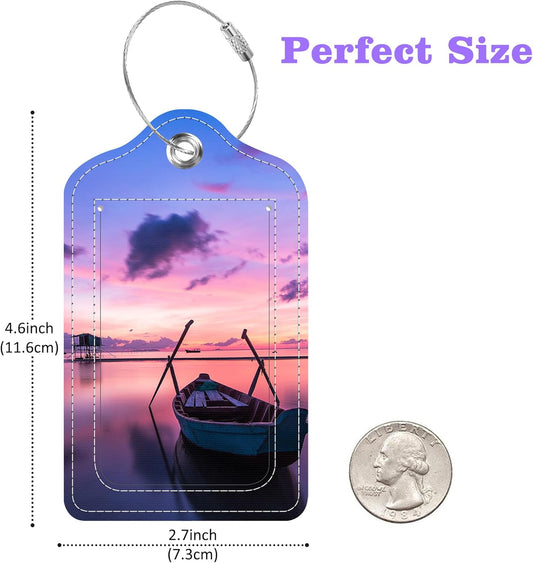 Set of 2 Luggage Tags Sea and Boat at Sunset Leather Suitcases Tag with Privacy Cover Stainless Steel Loop and Address Card for Women Men Travel