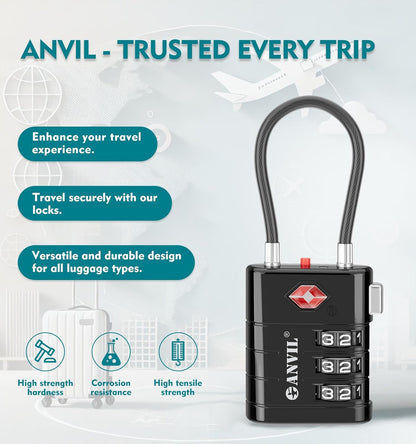 ANVIL TSA Approved Luggage Locks – High Security TSA008 Combination Travel Locks with Inspection Indicator for Suitcases and Backpacks. (3, Black)