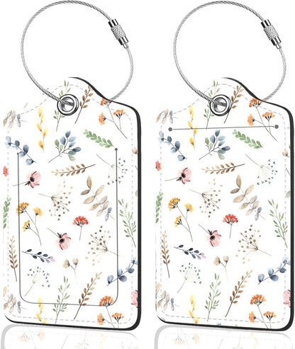 2Pack Luggage Tags for Suitcases, Cute Unique Pu Leather Cruise Luggage Tag with Privacy Cover ID Label Address Card and Metal Ring Suitable for Women Men Kids Travel Bag Floral and Plant Patternsn