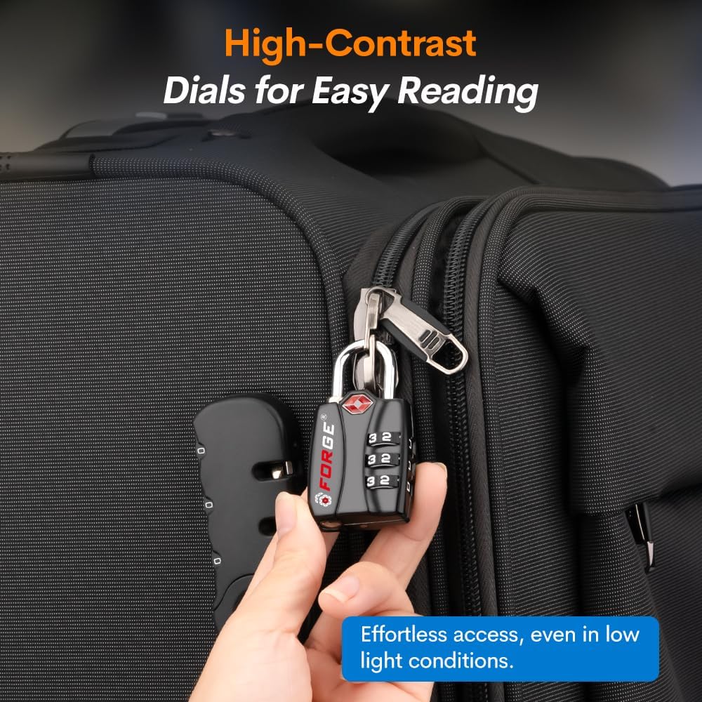 Forge TSA Luggage Combination Lock - Open Alert Indicator, Easy Read Dials, Alloy Body- Ideal for Travel, Lockers, Bags (Black 4PK)