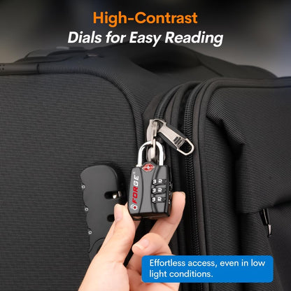 Forge Luggage Locks TSA Approved Black 1 Lock, Small Combination Lock with Zinc Alloy Body, Open Alert, Easy Read Dials, for Travel Suitcase, Bag, Backpack, Lockers.