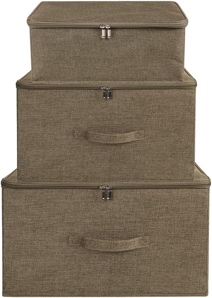 ANMINY 2PCS Storage Bins with Zipper Lids 51.9 Qt Lidded Fabric Storage Boxes Baskets Cubes with Handles Collapsible Washable Cotton Linen Closet Shelf Clothes Organizer - Coffee, Extra Large