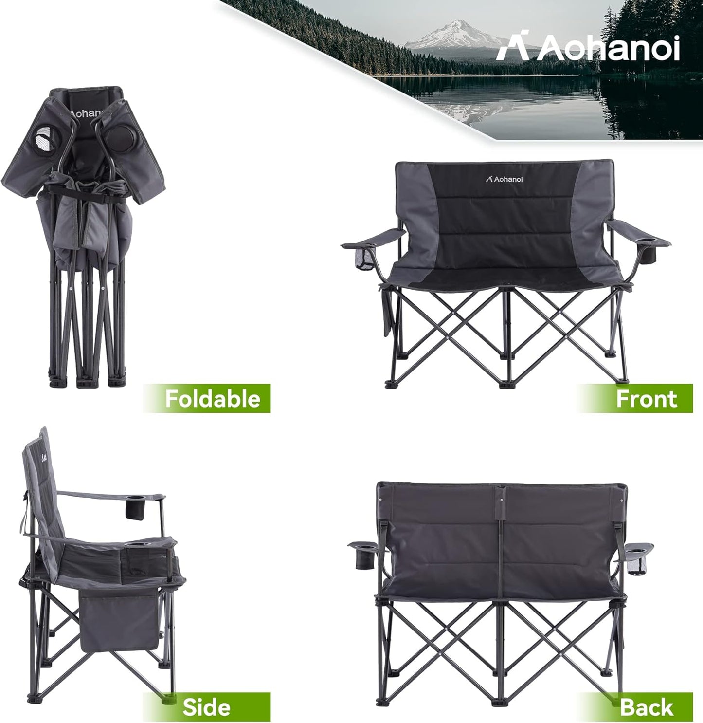 Oversized Double Camping Chairs for Adults, 2 Person Padded Folding Camp Chairs with 2 Cup Holders, Side Pocket for Outside, Picnic, Lawn, Big Heavy Duty Outdoor Loveseat, Black