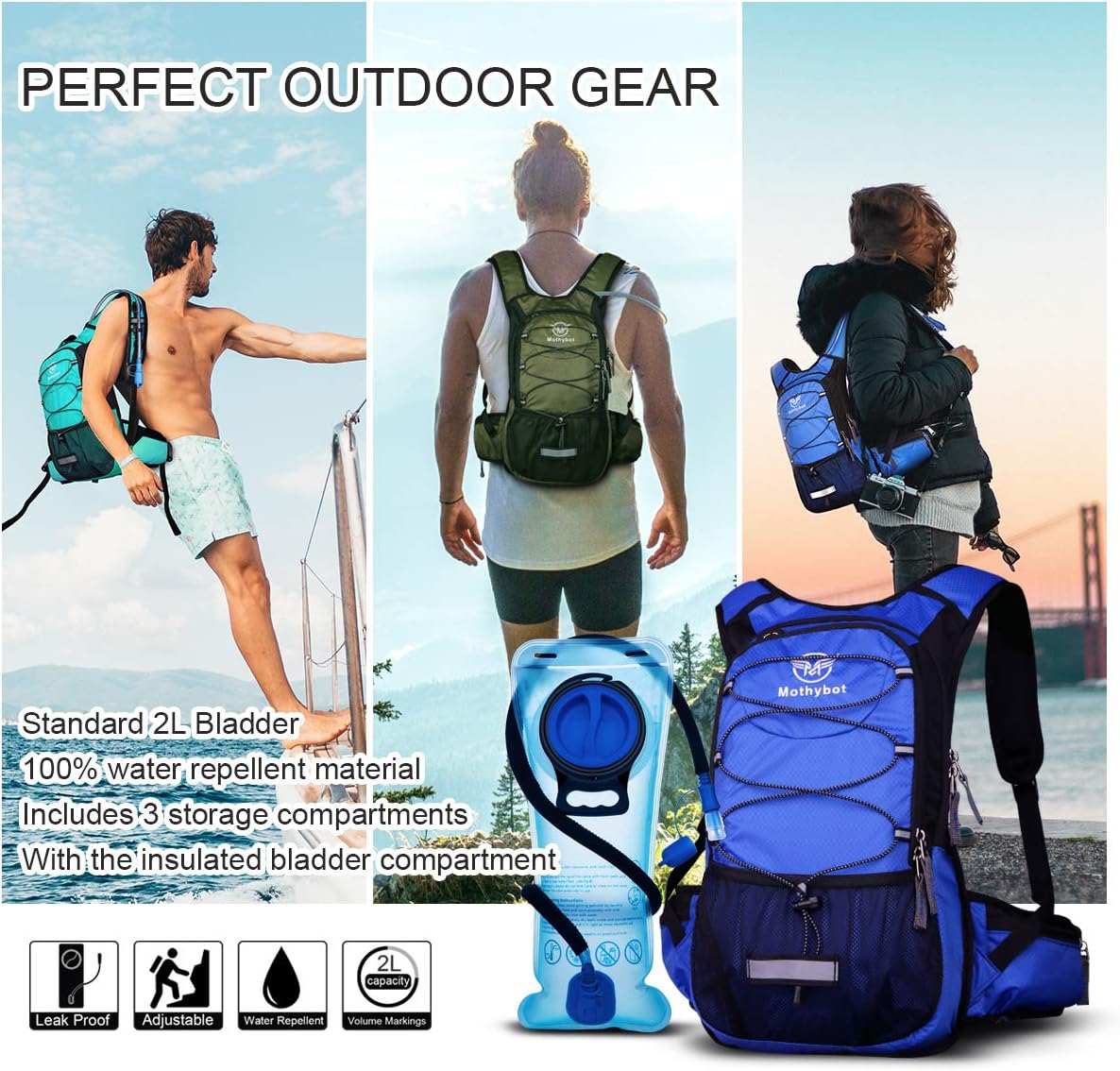 Insulated Hydration Backpack Pack with 3L BPA Free Leak Proof Water Bladder, Large Storage Lightweight Hiking Daypack with Waist Pouches & Cooler Layer, for Running, Biking, Camping, Festival