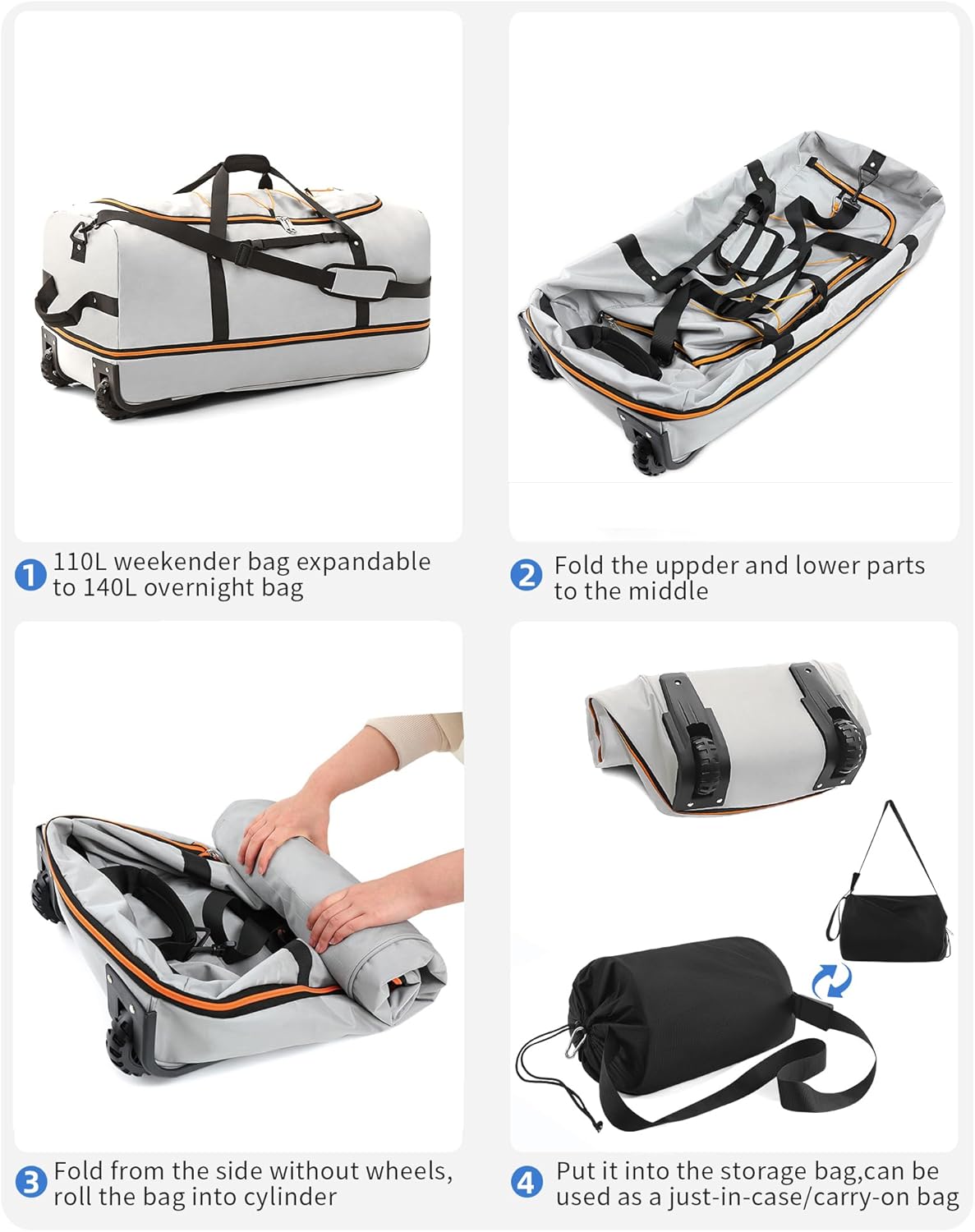 CONTAIL 32”110L Expandable 140L Rolling Duffle Bag with 2 Inline Wheels,Convertible Weekend Travel Bag with Bungee-Cord System,Grey