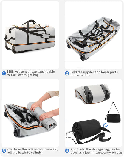 CONTAIL 32”110L Expandable 140L Rolling Duffle Bag with 2 Inline Wheels,Convertible Weekend Travel Bag with Bungee-Cord System,Grey