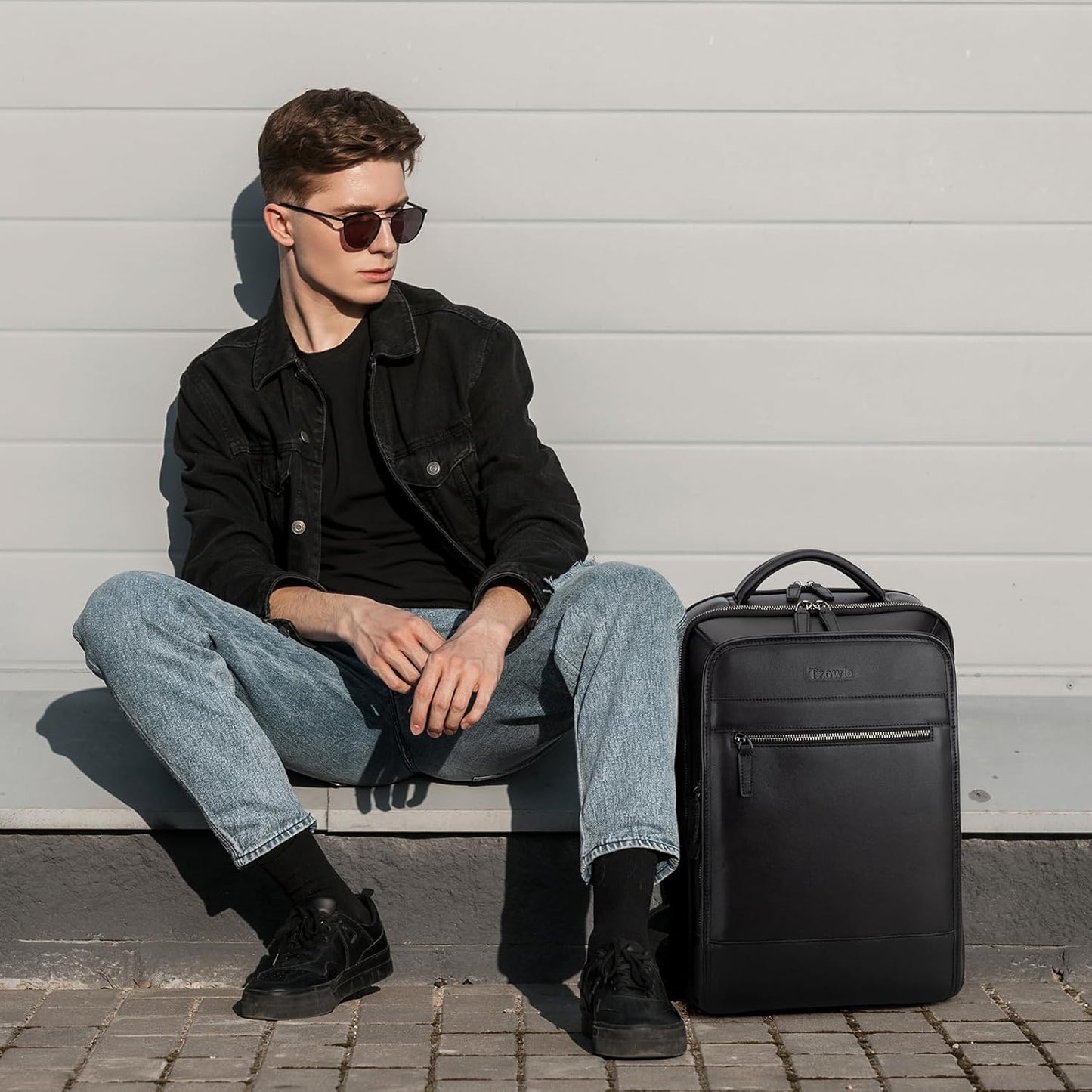 Tzowla Leather Laptop Backpack, Bag for Men and Women,Business Travel Work Rucksack Fits 15.6 Inch Laptop,Bookbag with USB and Type-C Charging Port-Black