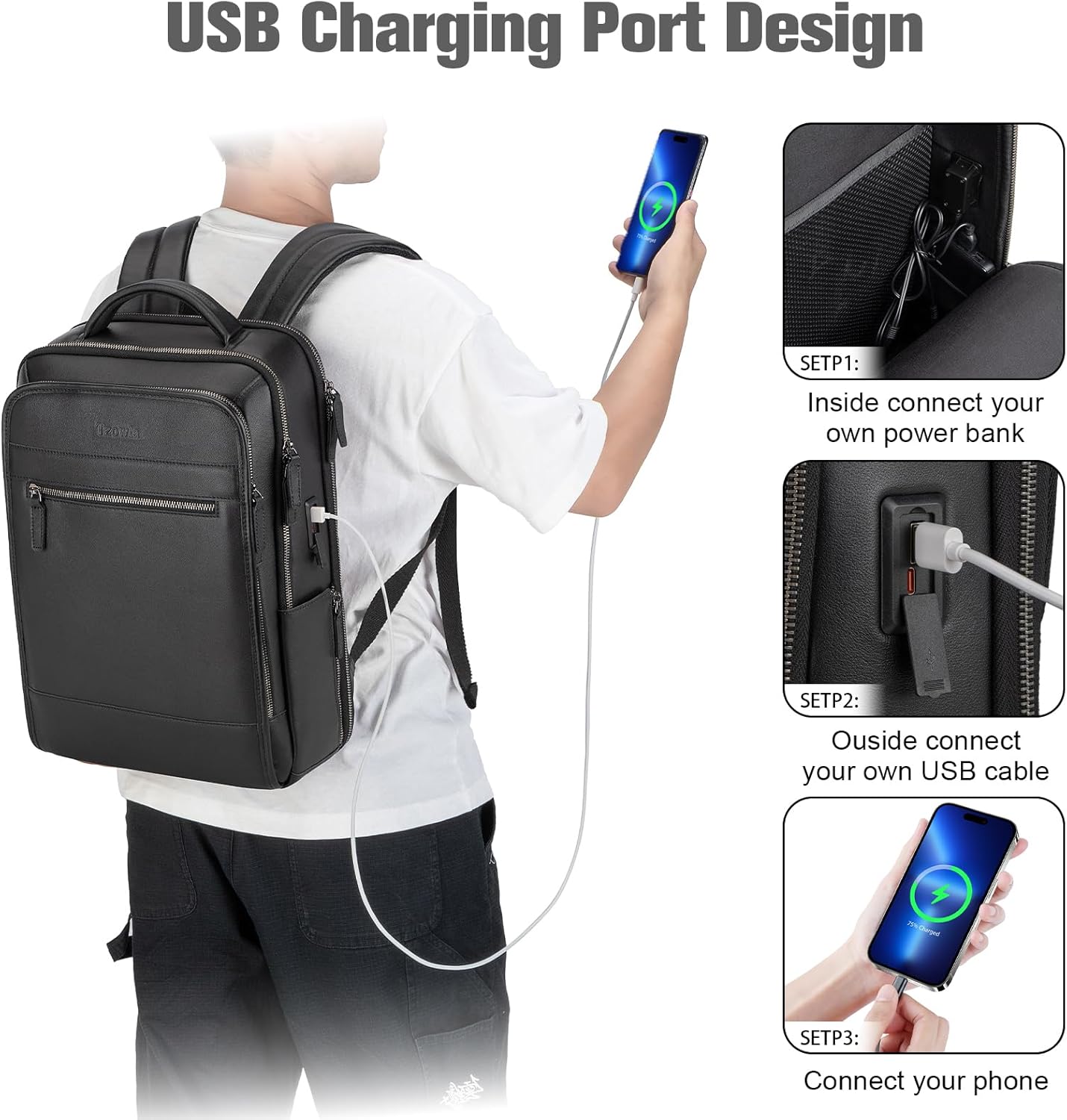 Tzowla Leather Laptop Backpack, Bag for Men and Women,Business Travel Work Rucksack Fits 15.6 Inch Laptop,Bookbag with USB and Type-C Charging Port-Black