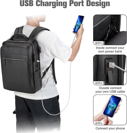 Tzowla Leather Laptop Backpack, Bag for Men and Women,Business Travel Work Rucksack Fits 15.6 Inch Laptop,Bookbag with USB and Type-C Charging Port-Black
