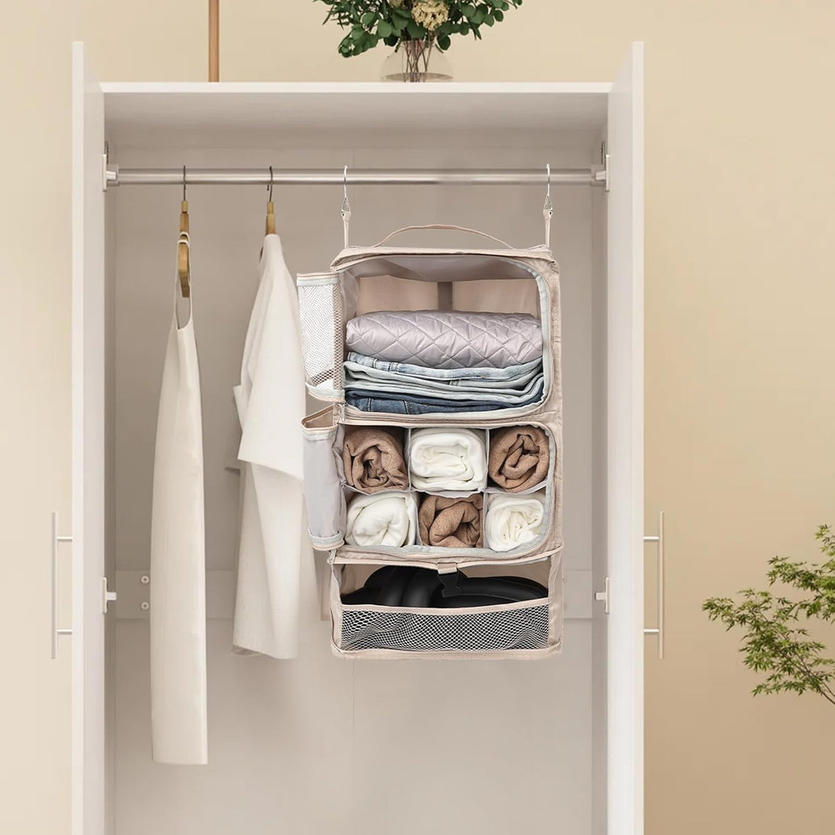 TABITORA Travel Portable Hanging Shelves Closet Organizer Packing Luggage Organizer and Storage with Multifunctional and Foldable Invisible Compartment,Lightweight, for Suitcase, RV,Closet…Beige,XL