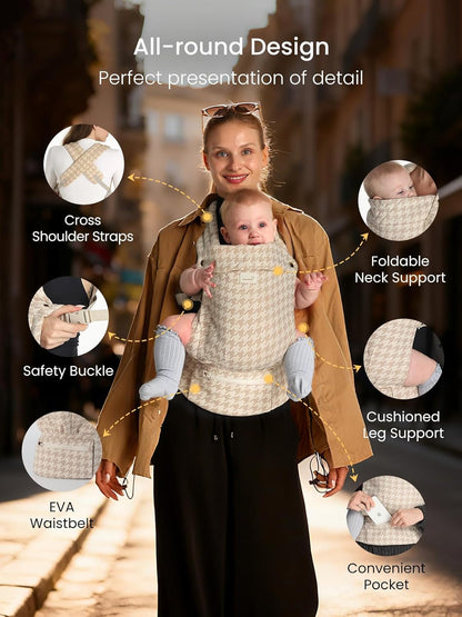 GROWNSY Baby Carrier Newborn to Toddler, Ergonomic Baby Toddler Carrier Wraps with Head Support, Easy to Wear, Infant Carrier Baby Gift, Travel and Hiking Friendly,for 7 to 44 lb (Houndstooth Beige)