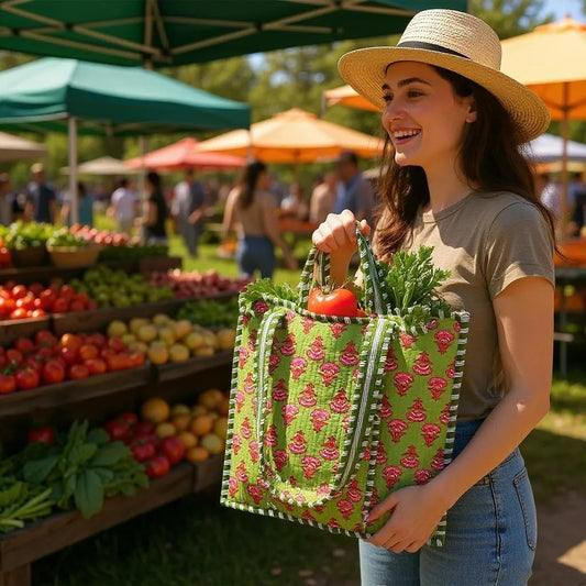 Cotton Quilted Tote Bag for Women – Large Beach & Travel Tote with Zipper, Reusable Grocery Bag