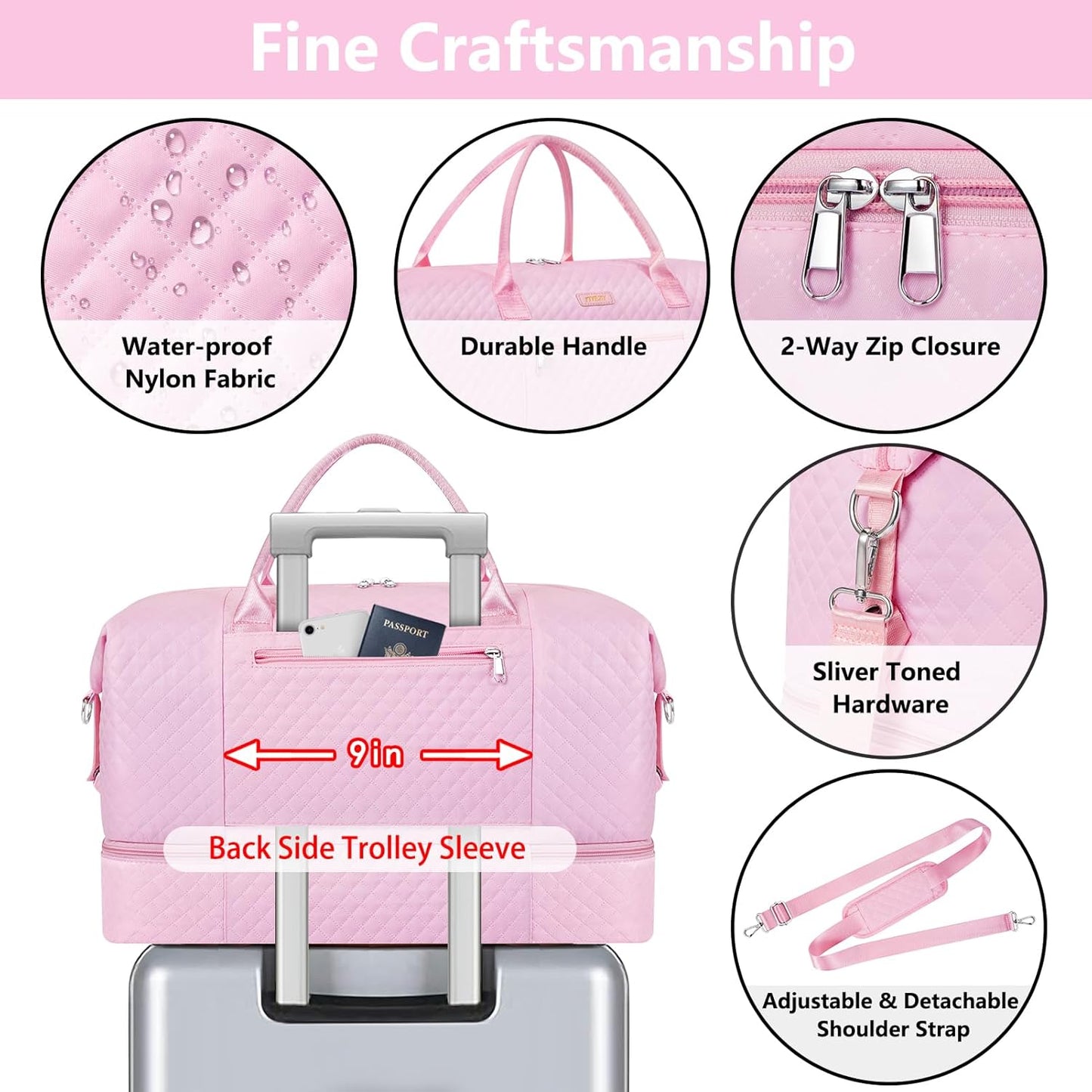 Weekender Bag for Women, Travel Duffel Bag Carry On Overnight Bag with Shoe Compartment Large Nylon Travel Weekend Tote Bag