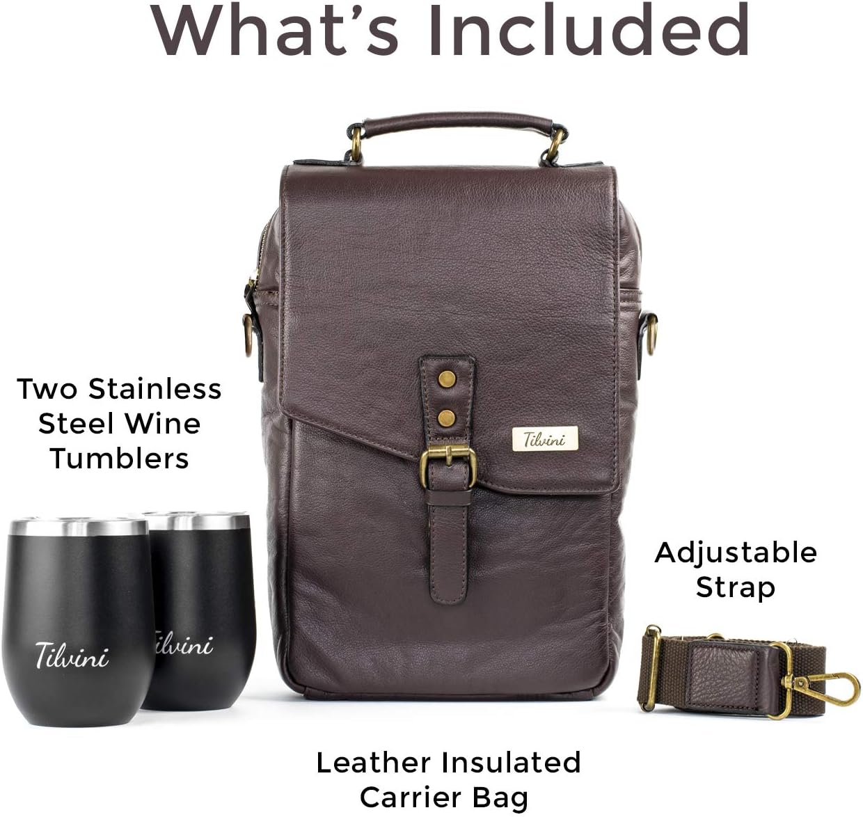 Insulated Leather Wine Bag & 2 Wine Tumblers Set. Leather Wine Bottle Carrier Tote. Wine Gifts For Men. Picnic Bag, Beach Wine Cooler Bag. Airplane Travel Byo Wine Carrier Case Couples Gift