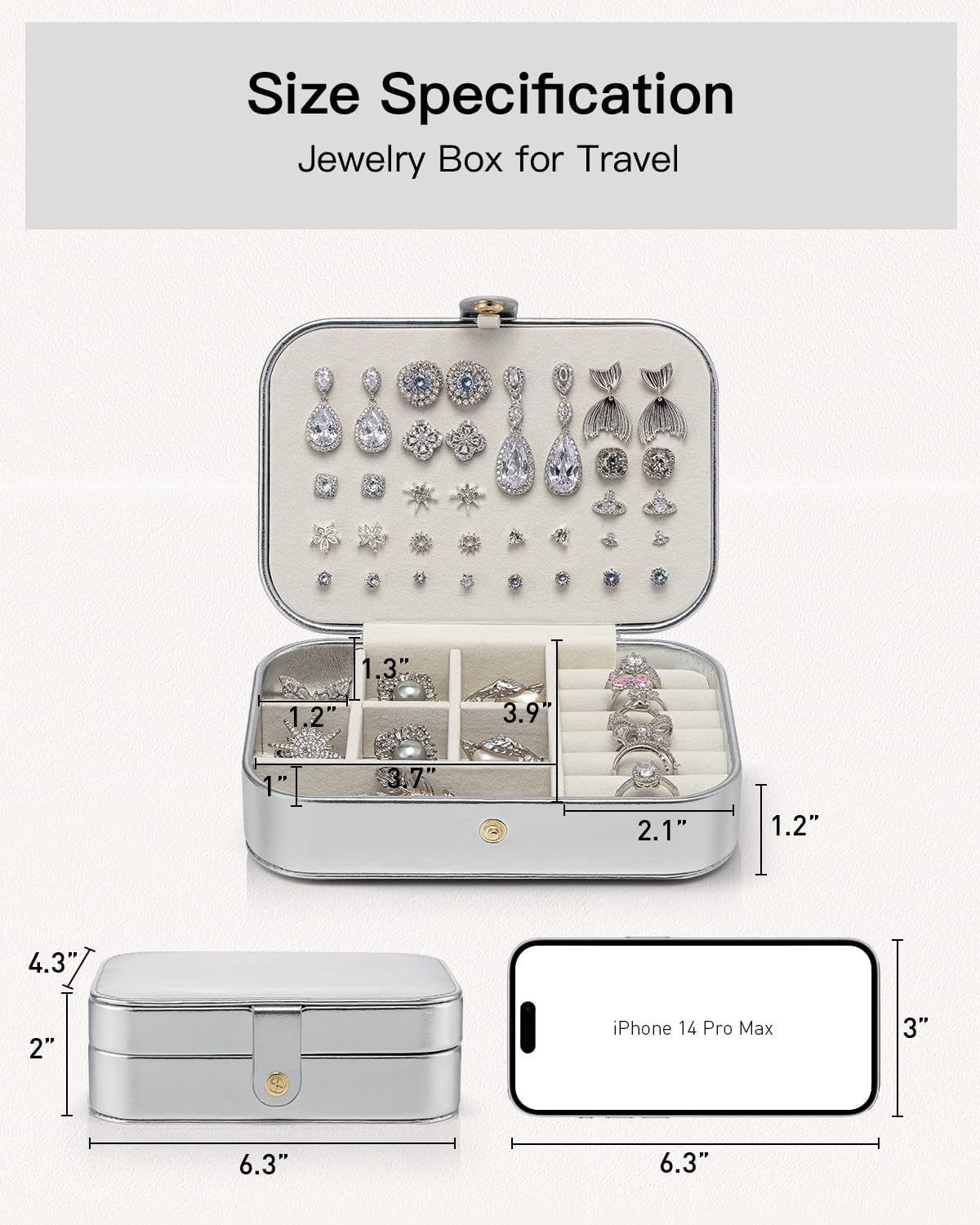 Vlando Travel Jewelry Case for Women Girls Mothers, PU Leather Portable Small Jewelry Box for Rings, Necklaces, Bracelets, Earring Holder Organizer Storage for Travel, Bridesmaid Gifts - Silver