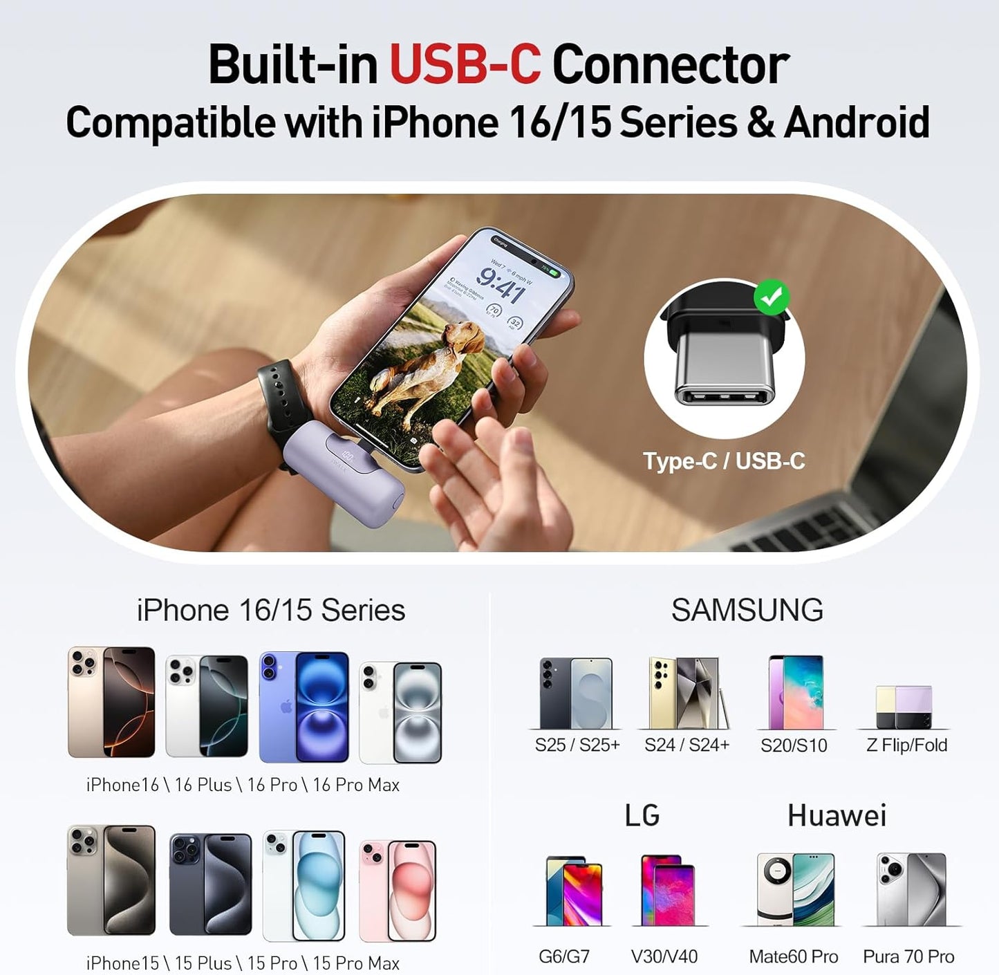 iWALK Portable Charger 5500mAh Next-Gen Small Power Bank 22.5W Fast Charging Battery USB-C Portable Phone Charger for iPhone 16/15 16 Plus 16 Pro Max iPad, Samsung Galaxy S25 S24 S23 Android, Purple