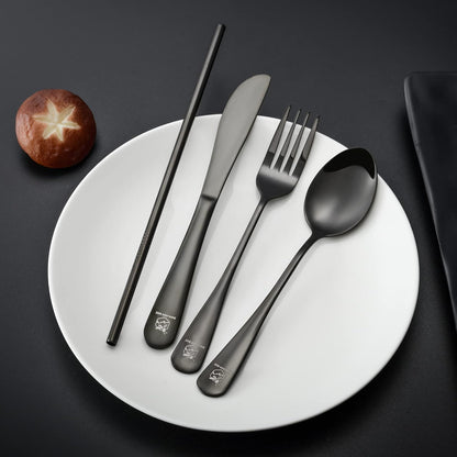 Boulder Bee | Travel Utensils Set | Reusable Camping Cutlery Set | Stainless Steel Flatware Set | Portable Silverware Set with Case | Includes Knife/Fork/Spoon/Straw/Cleaning Cloth/Case (Black)