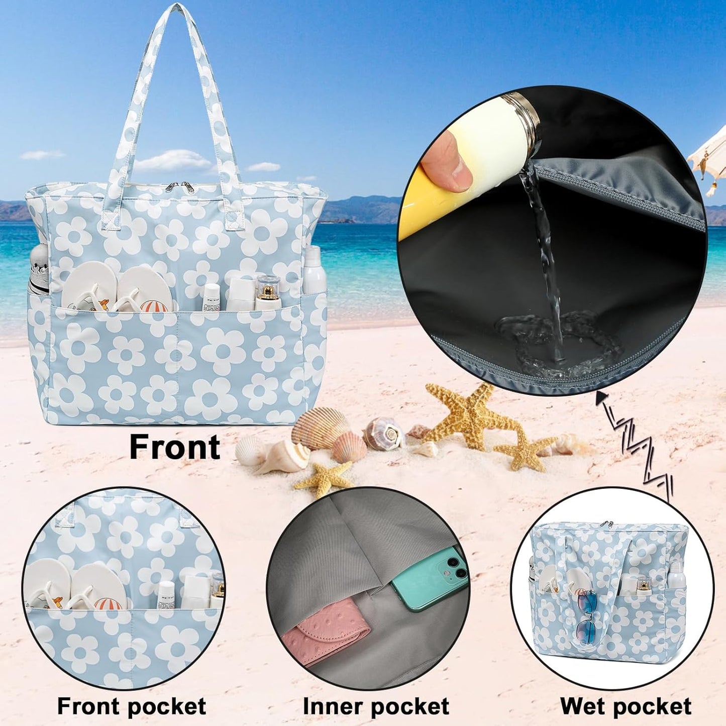 Beach Pool Bags Tote for Women Ladies Large Gym Tote Carry On Bag With Wet Compartment for Weekender Travel Waterproof