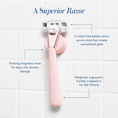Women's Razor Shave Kit, 1 Rose Razor Handle + 6 Blade Refills + Super Pink Glossy Shave Oil