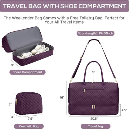 Travel Duffle Weekender Bags for Women - Carry on Overnight with Shoe Compartmen Duffle Bag Hospital Bag Dark Purple