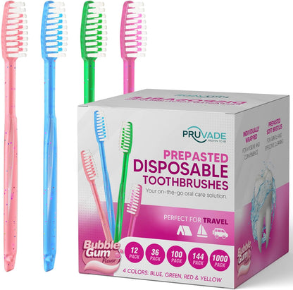 144 Pack Disposable Toothbrushes with Toothpaste Built in - Prepasted Toothbrushes Individually Wrapped - Single Use Waterless Tooth Brush with Soft Bristles - Bubblegum Flavor/Kids