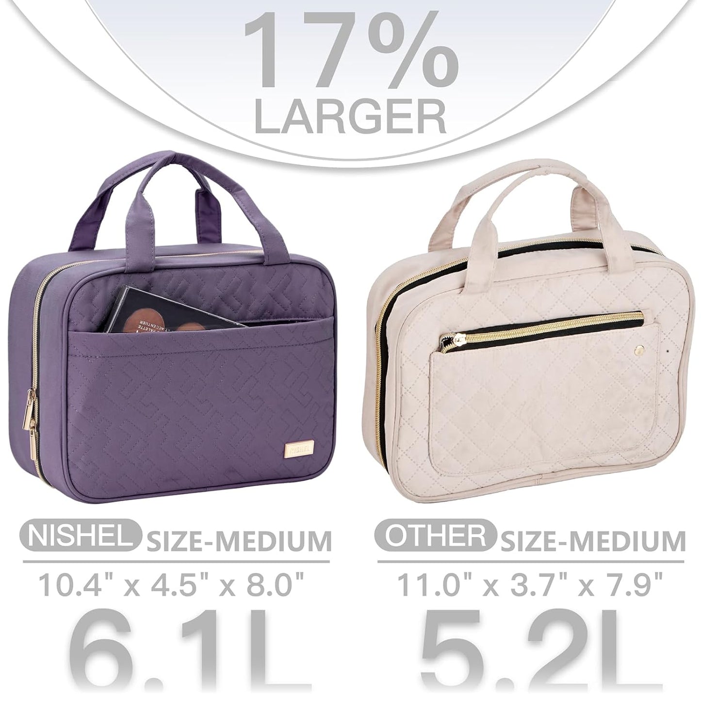 NISHEL Travel Toiletry Bag for women, Portable Hanging Organizer for Travel-Sized Shampoo, Conditioner, Brushes Set, Makeup Accessories, Medium Size, Purple